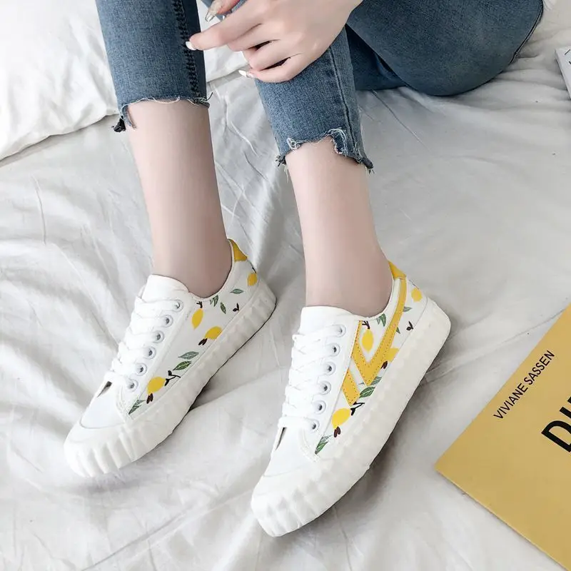 Удобная парусиновая обувь на шнуровке с принтом лимона Chaussures Femme Очаровательная