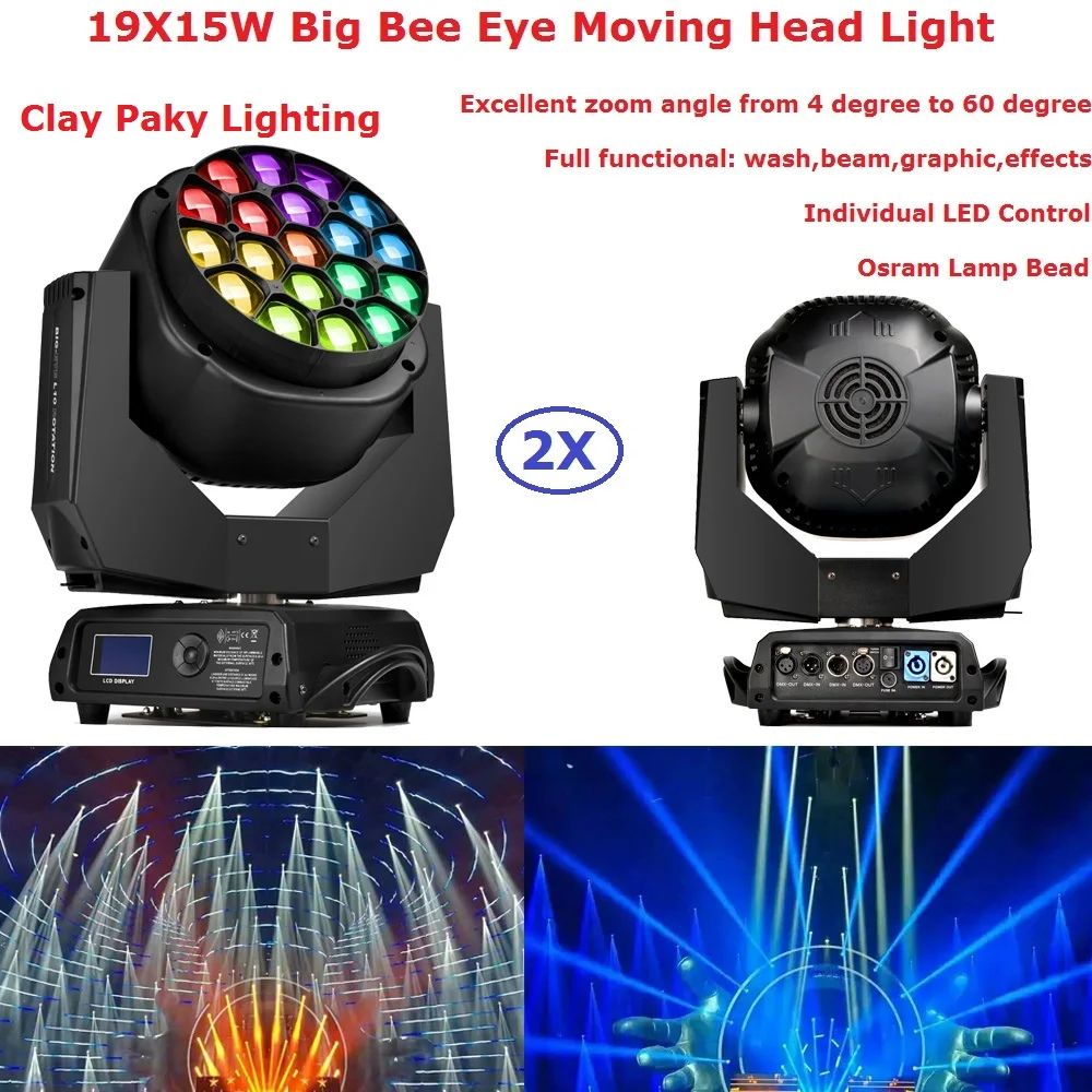 

2XLot Big Bee Eye Moving Head Wash Lights 19X15W RGBW 4IN1 LED Beam Moving Head Lights 4-60 Degree Electronic Zoom Angle
