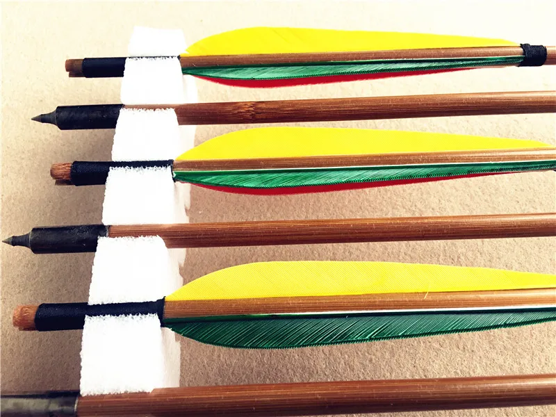 12 шт. Бамбуковая Стрела 3 цвета перья ручная работа стрельба из лука бамбуковые