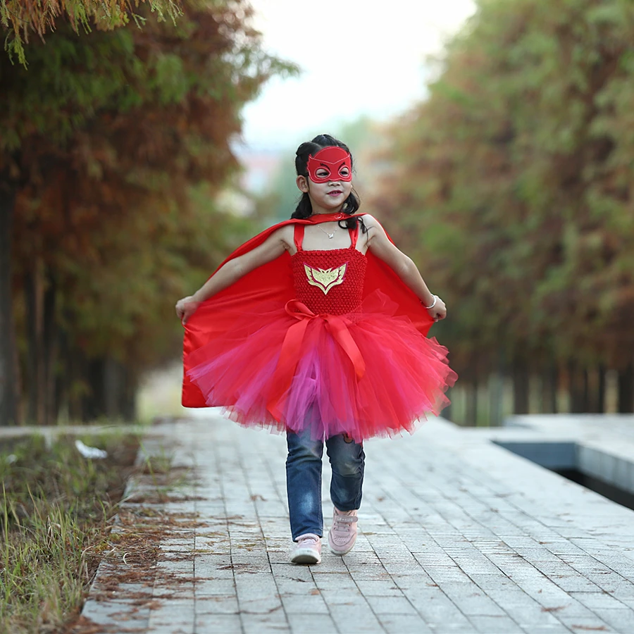 [Masked LITTLE HERO] [Owl Girl] Cos Tutu Dress Set Hero Costume Kids Princess Fluffy Gauze Red Birthday Party Outfit | Детская одежда и