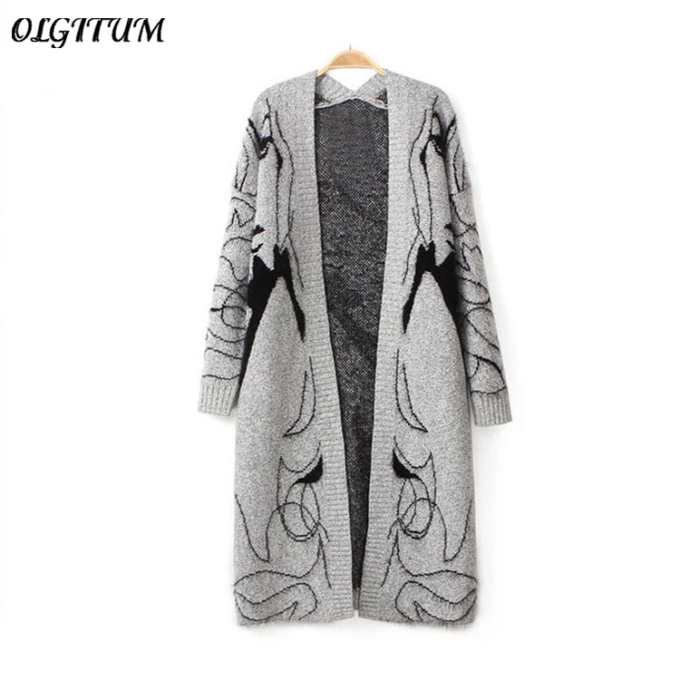 Женский вязаный кардиган с кроличьим мехом плотный принтом верхняя одежда