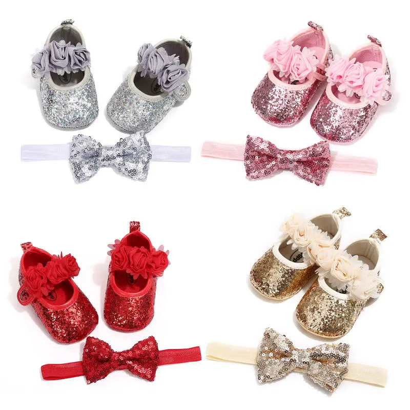 

Infant Baby Girls Bowknot Crib Shoes+Headband Soft Sole Anti-slip Single Shoes First Walkers