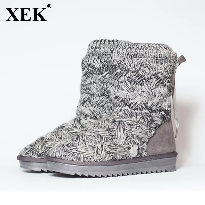 XEK Creative Female Snow Boots Rubber Knitting Wool Thread Women Winter High Tube Gray Black Cotton Shoes Ankle Boot JH272 | Обувь