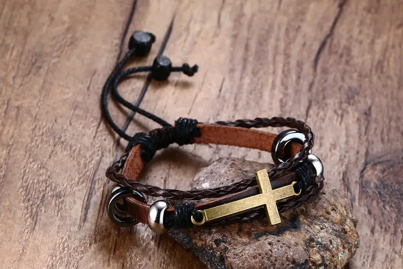 Богемный кожаный браслет с подвесками крестиками для женщин и мужчин
