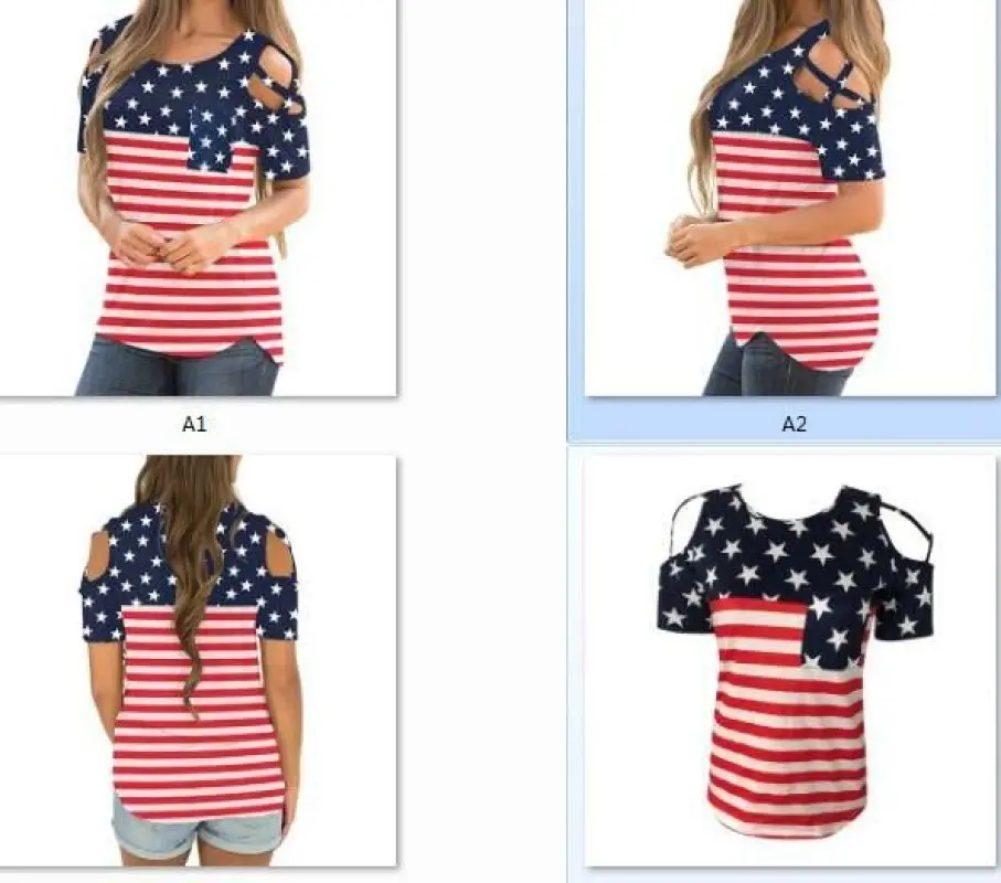 

T Shirt Women Printed Casual Tops American Independence Day Women's Loose Hollow Shoulder Shirt T-shirt
