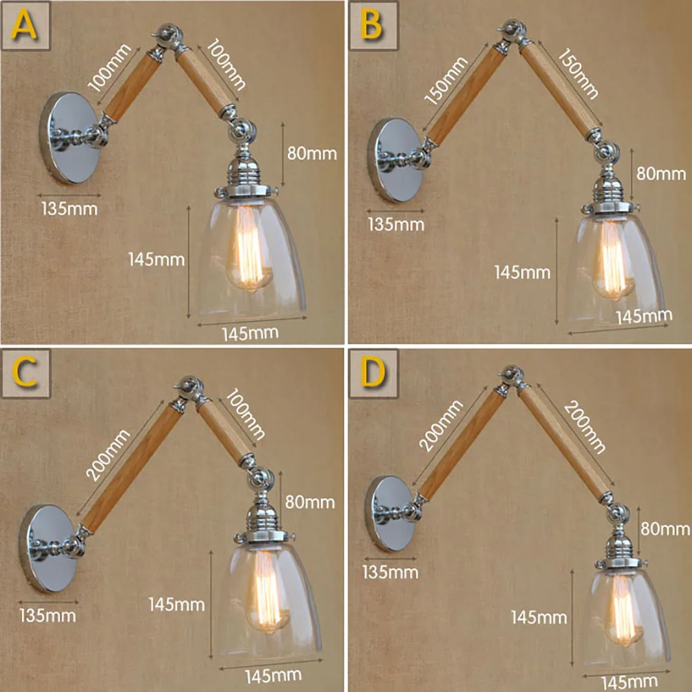 Винтажная настенная лампа e27 с деревянным стеклом и регулируемым поворотным