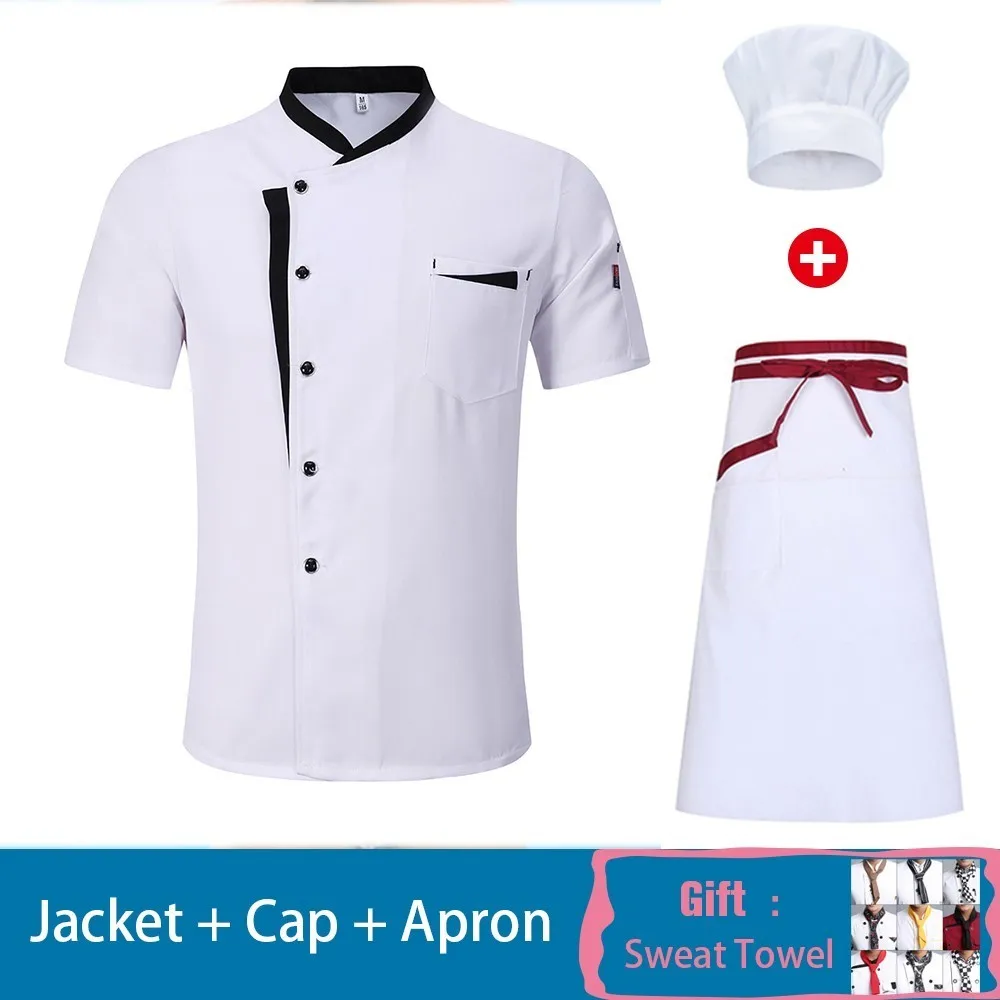 White Set 1 Высокое качество, унисекс, футболка с короткими рукавами шеф-повар униформа, фартук и бейсболкой летняя Ресторан отеля парикмахеров салон Рабочая куртка шарф подарок - Цвет: White Set 1