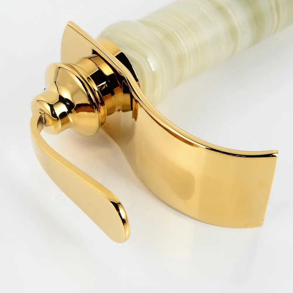 

Luxury Golden Waterfall Bathroom Faucets Jade Body Hot and Cold Basin Sink Tall Mixer Tap MLFCT012