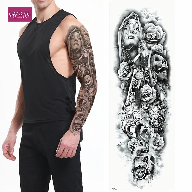 

1Pcs Temporary Tattoo Sticker Dead Skull Pattern Full Flower Tattoo With Arm Body Art Big Large Fake Tattoo Sticker