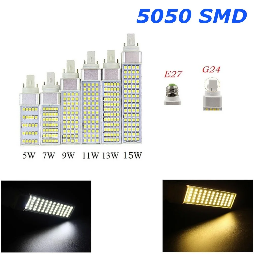 5W 7W 9W 11W 15W G24 LED Corn Lamp E27 Bulb Bombillas Light 5050 SMD Spotlight 180 Degree 220V 110V Horizontal Plug | Лампы и
