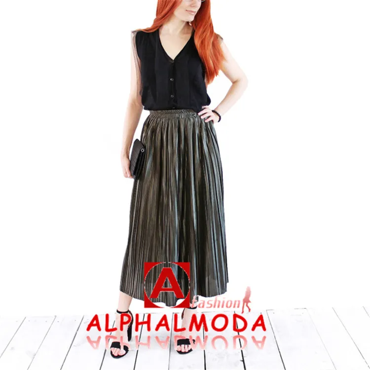 Alphalmoda Новое поступление Женские Плиссированные Миди юбки эластичный пояс сплошной цвет Сияющий Модный Атлас юбки в 6 цветах s