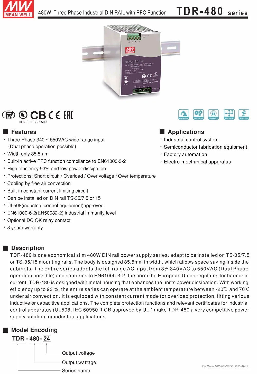 MEANWELL TDR-480-24 340-550VAC широкий диапазон вход в постоянный ток трехфазный промышленный din-рейку импульсный источник питания 480 Вт 24 В 20А