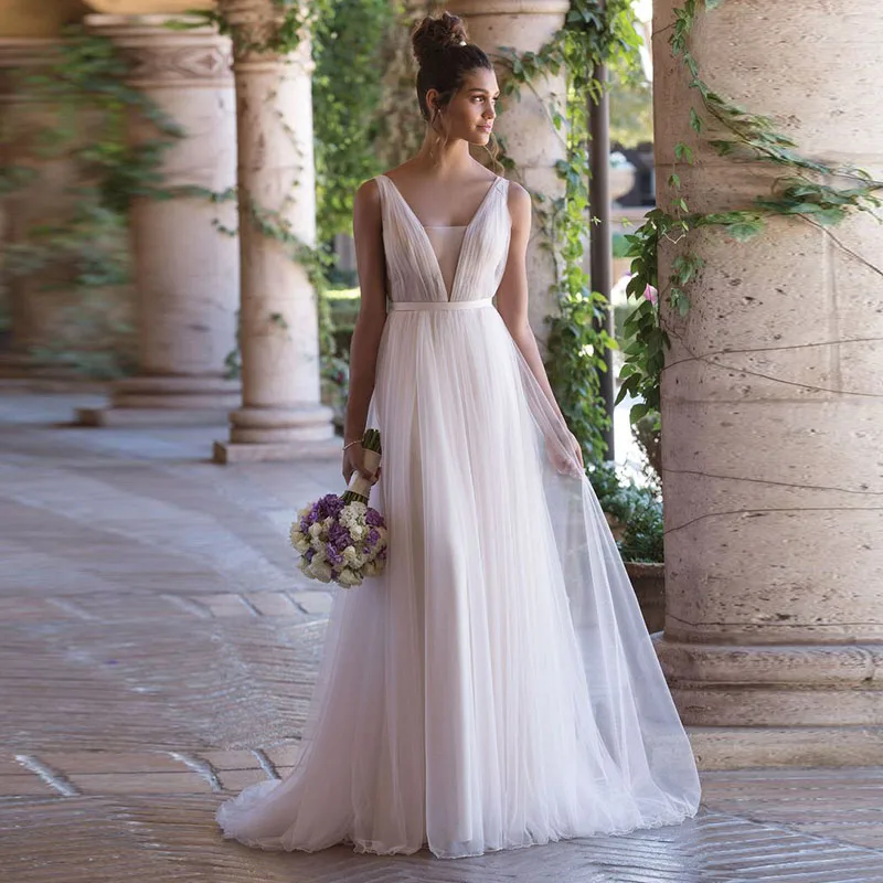 

SAD015 robe de mariage Sexy V Back Simple Tulle Wedding Dresses 2018 Custom Made Wedding Gown Bridal Vestido de noiva