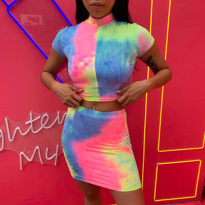 Women Rainbow Fitness Clothing Suit Two Piece Sportswear Short Pants Suits Crop Top Skinny Fluorescent Shorts Legging Tracksuit |