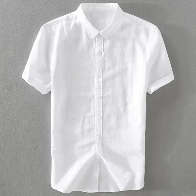 White Мужские рубашки льняные новые мужские рубашки с коротким рукавом на каждый день для мужчин однотонные хлопковые рубашка поло модная мужская облегающая Одежда Топы - Цвет: White