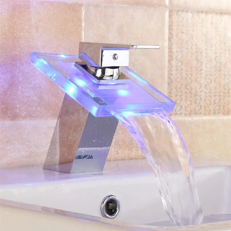 Xueqin, 3 цвета, светодиодный, твердый, стеклянный, водопад, Круглый кран для раковины, смеситель для раковины, однорычажный, на бортике, водопроводный кран