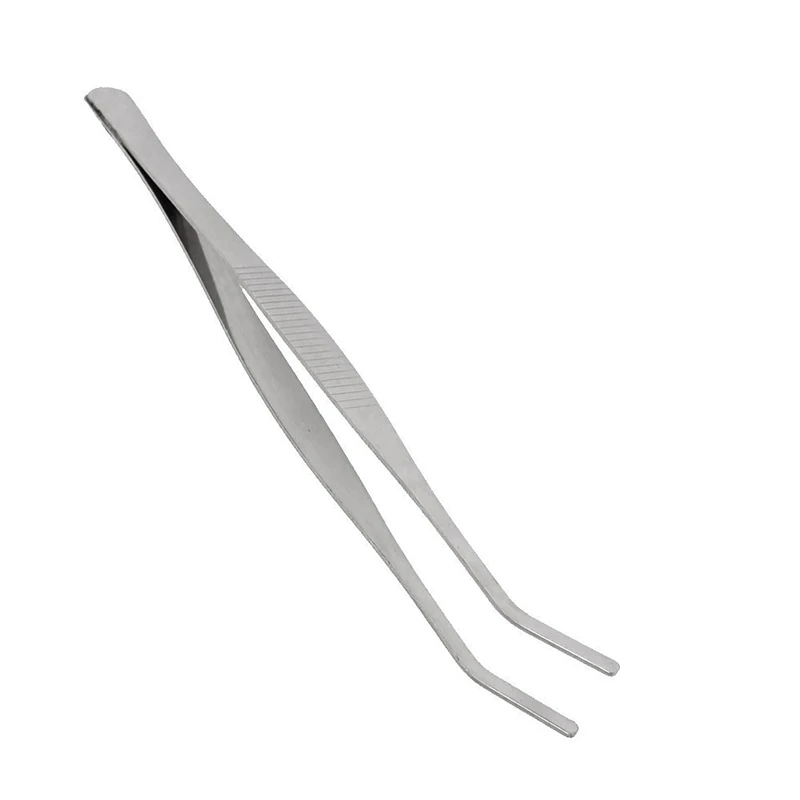 

BMBY-Silver tone stainless steel curved oblique tip tweezers tool 18.7cm length