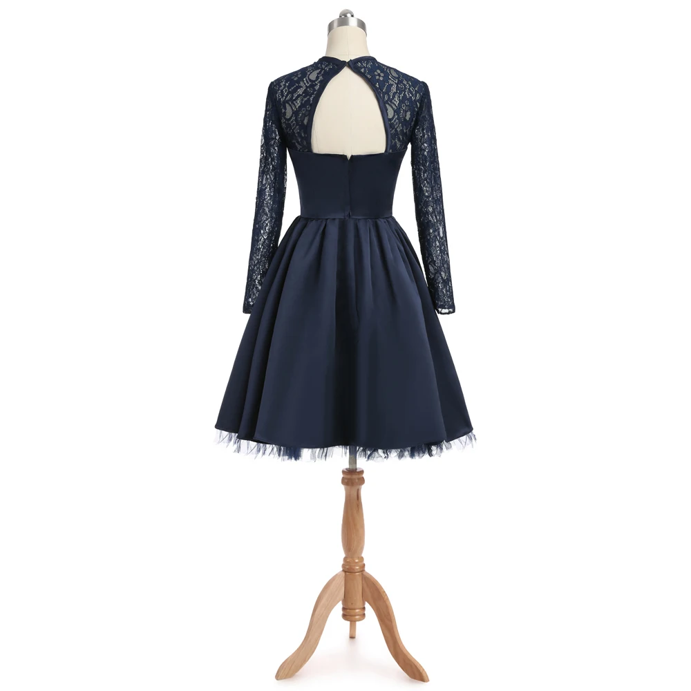 Темно-синие блестящие атласные коктейльные платья а-силуэта с длинными рукавами