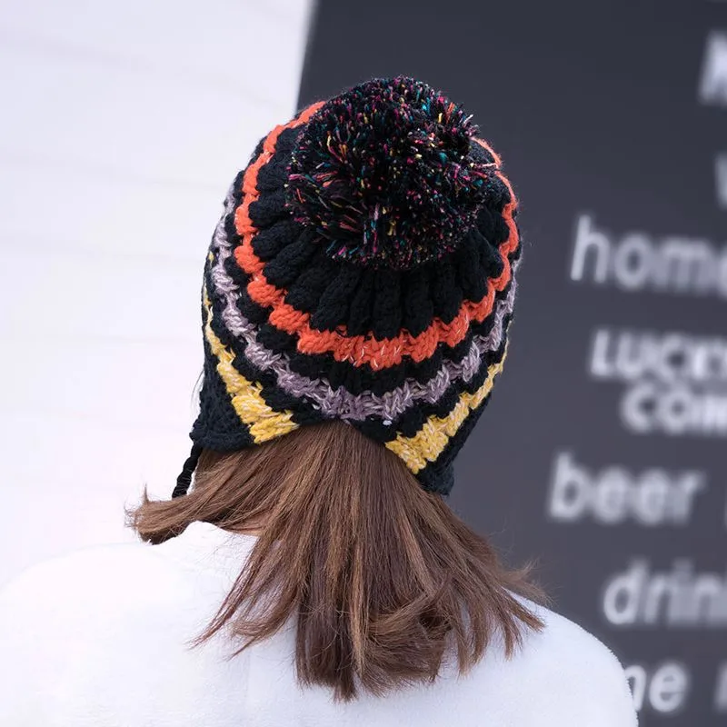 Шапка бини шерстяная Кепки s для Для женщин Earflap теплые Шапки Pom Зима крючком