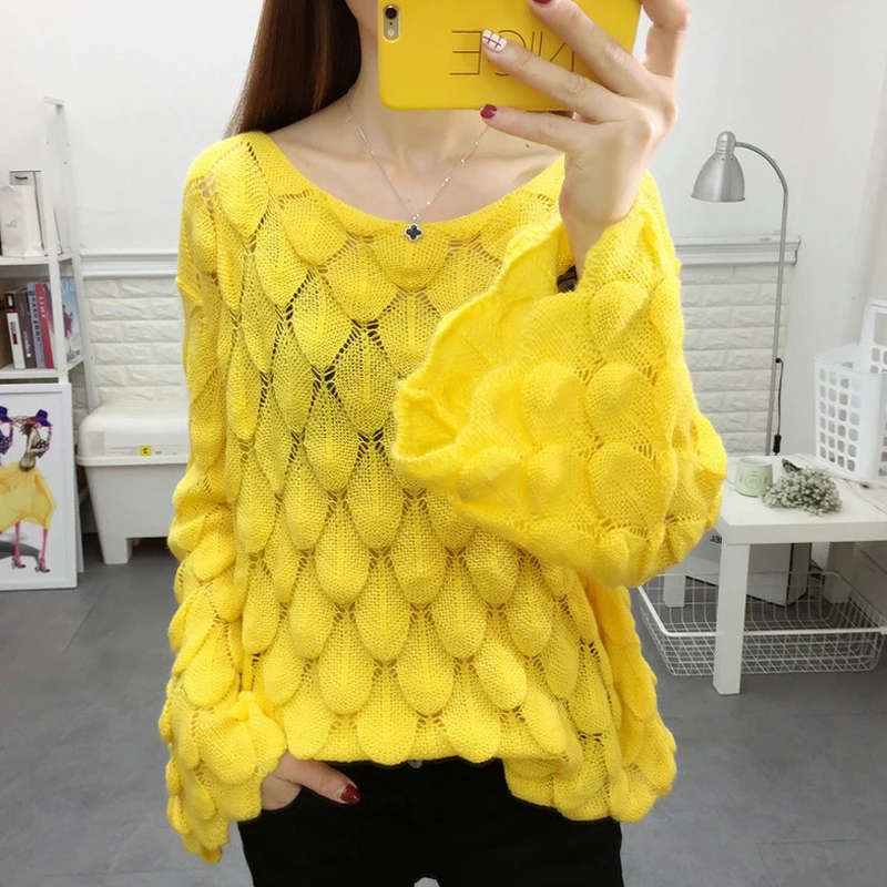 Women Spring Sweater Hollow Out Transparent Female Korean Style Jumper Sweer Flare Sleeve Ladies Pullover | Женская одежда