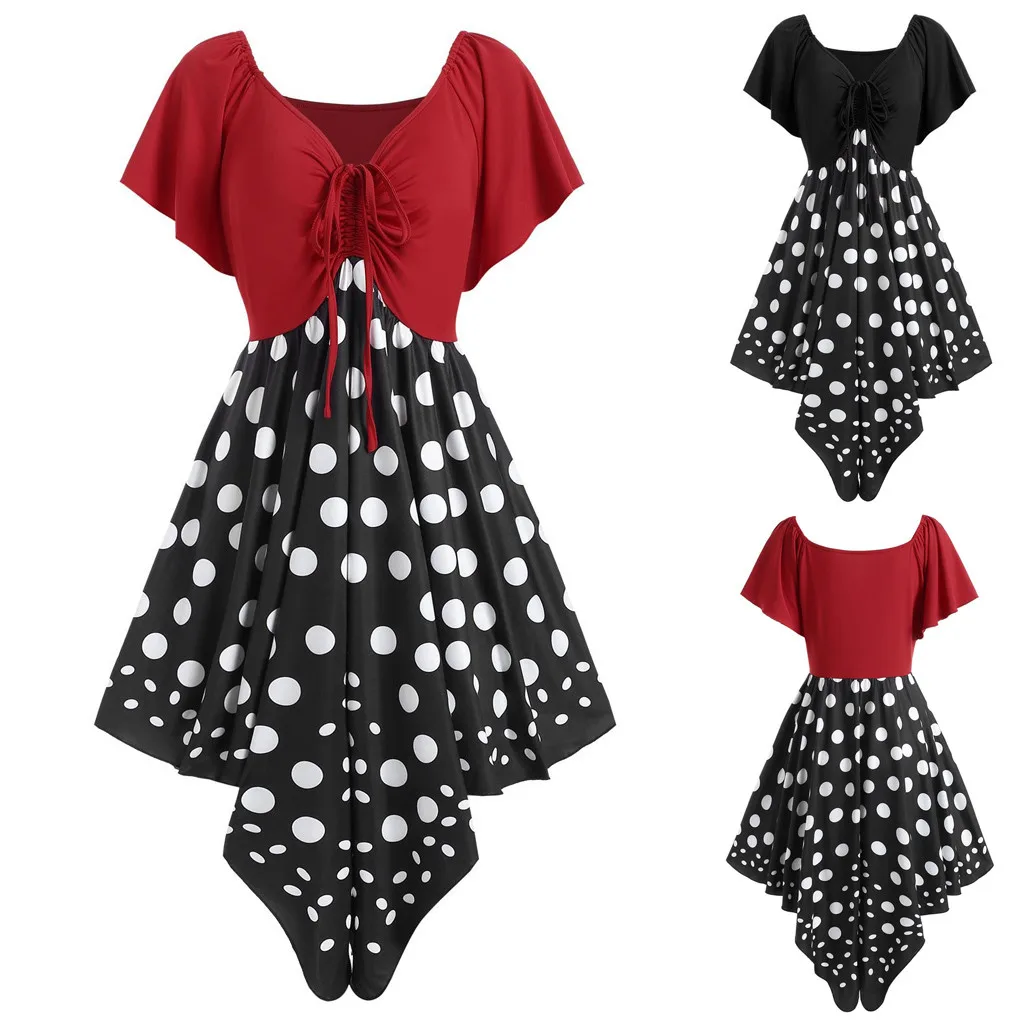 Женское модное платье в горошек с короткими рукавами и рюшами летнее женское