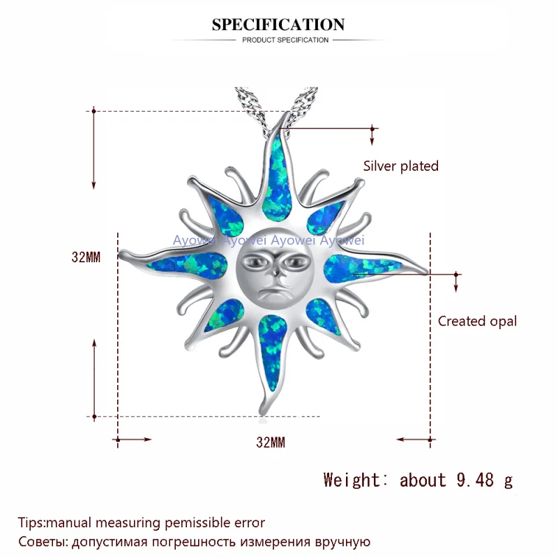 Ayowei Hot sell sun flower for girl birthday gift blue fire opal silver 925 Pendant Necklaces women fashion jewelry OP772A | Украшения и