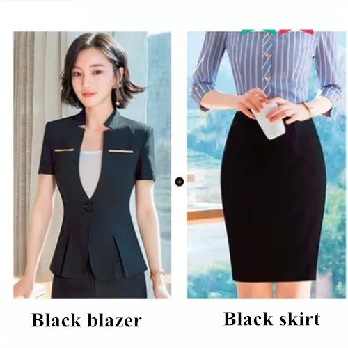 Black coat and skirt Модный женский костюм с юбкой, деловой летний формальный модный Тонкий Блейзер с v-образным вырезом и юбка, Офисная Женская одежда размера плюс для работы - Цвет: Black coat and skirt