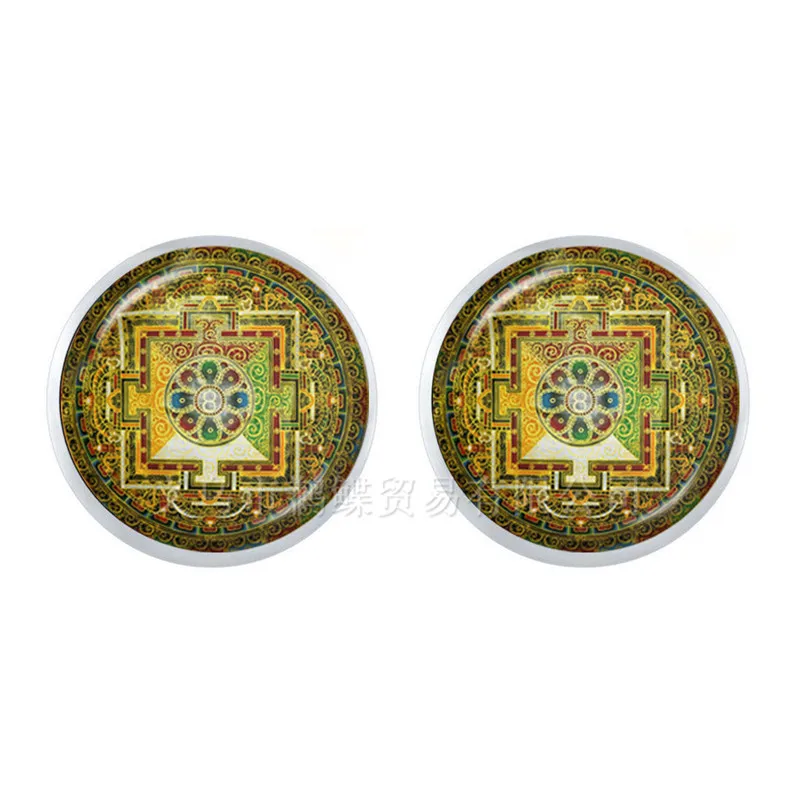 OM Yoga Mandala Stud Earrings 12mm Glass Dome Cabochon Zen Buddhism Mandrake Silver Plated For Women Girls Trendy Gift | Украшения и