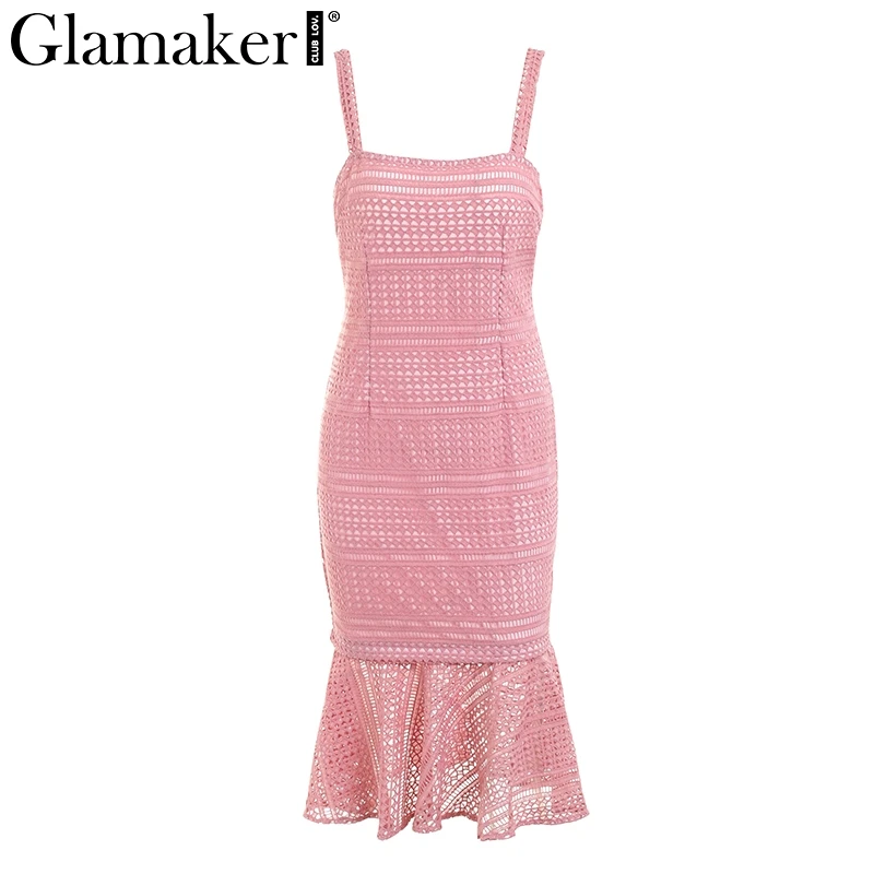 Розовый Glamaker/кружевное женское платье с рюшами, летнее платье-бандо, уличная одежда, Повседневное платье-карандаш, облегающее длинное платье на бретельках, винтажное Сетчатое платье, vestidos - Цвет: Розовый