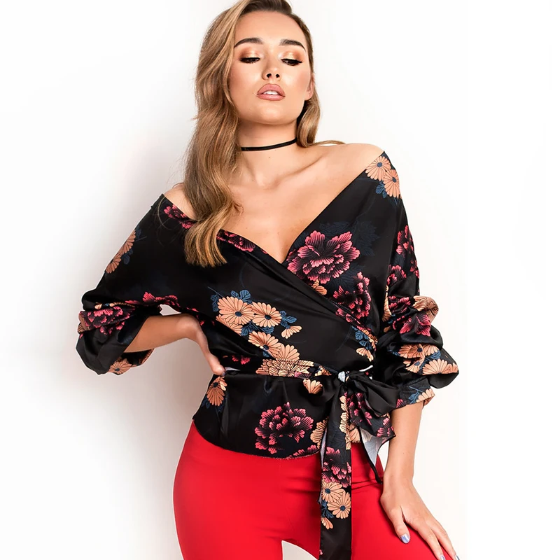 

Vintage Flower Printed Wrap Blouse Shirts Women 2/6 Lantern Sleeve Floral Blouses Sexy V Neck Tie Waist Shirts Vogue Nice Blusa