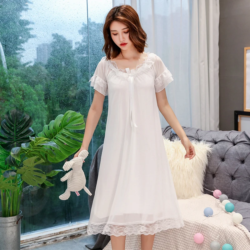 white long no pad Ночная рубашка RenYvtil, женское летнее кружевное платье, домашний комбинезон-шорты, нагрудный коврик, принцесса, дворец, Yoyal, Длинная женская ночная рубашка в придворном стиле, арабское - Цвет: white long no pad