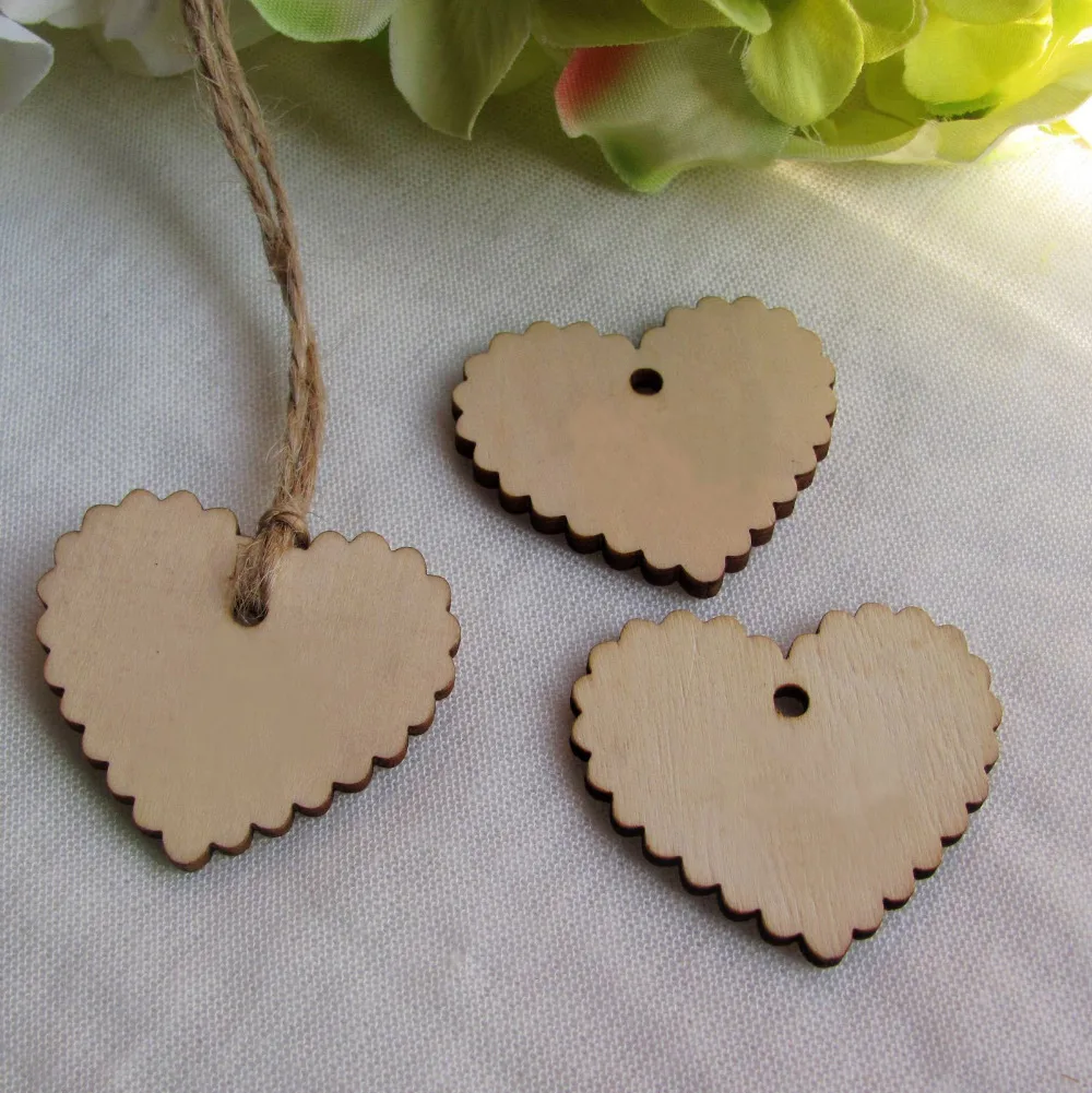 Деревянные бирок в форме сердца 200 шт. подарочные с джутовой ниткой 40 мм * 37 мм|wedding