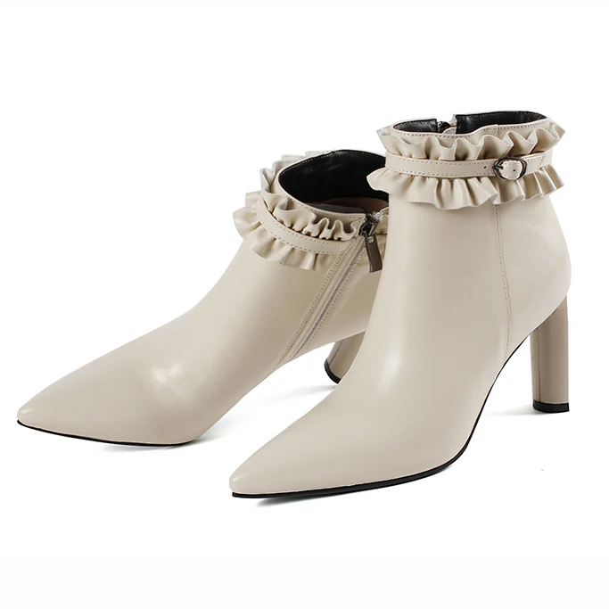 

Olomm Women Winter Leather Ankle Boots High Heel Shoes Nice Pointed Toe Ladies Black Beige Casual Shoes Women US Size 3-10.5