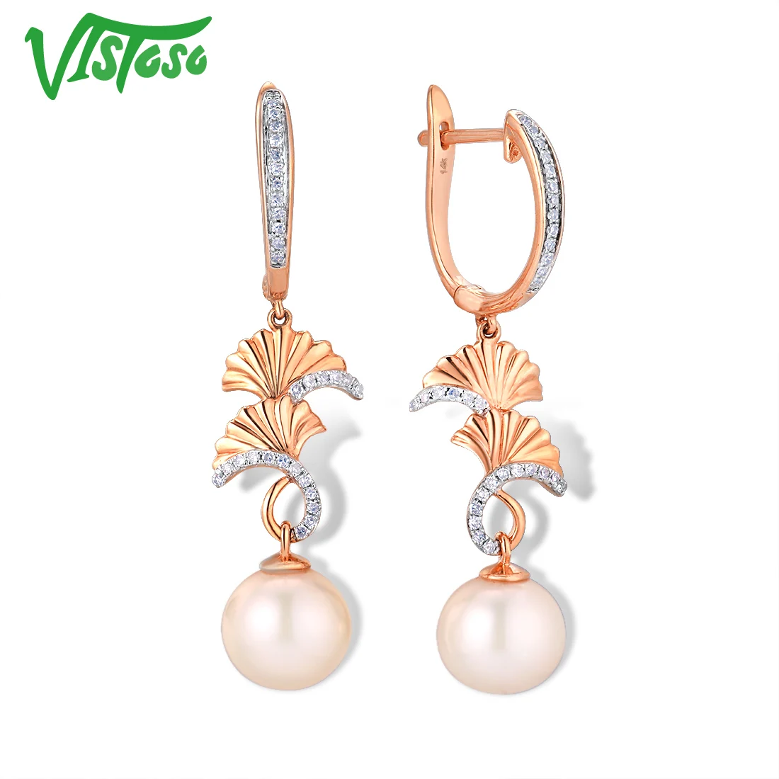 VISTOSO Pure 14 K 585 розовое золото сверкающие бриллианты элегантные пресноводные жемчужные серьги для женщин уникальные модные свадебные ювелирные изделия