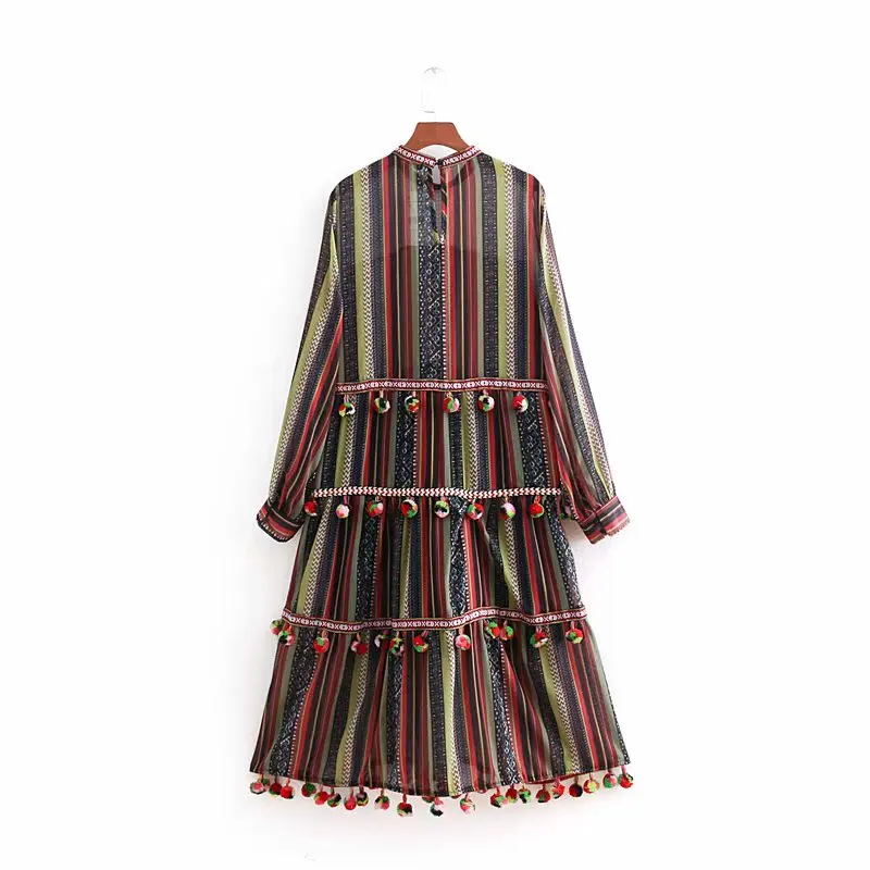 Женское винтажное платье в полоску с круглым вырезом и меховыми