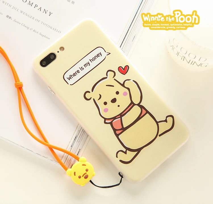 For iPhone X cartoon Winnie bear case for 6 6s plus relief pattern cute animal phone cover 7/8 hard + strap |