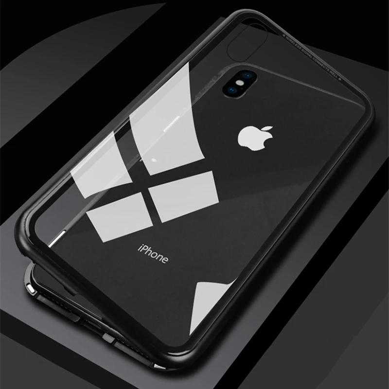 Магнитный адсорбционный чехол для телефона для iPhone 6, 6s, 7, 8 Plus, Защита экрана для iPhone X, XR, XS, Max, закаленное стекло, откидной металлический чехол - Цвет: Transparent Black