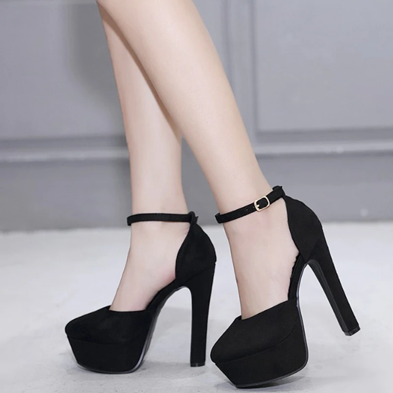 Женские замшевые туфли на высоком каблуке 14 см с ремешком щиколотке черные и