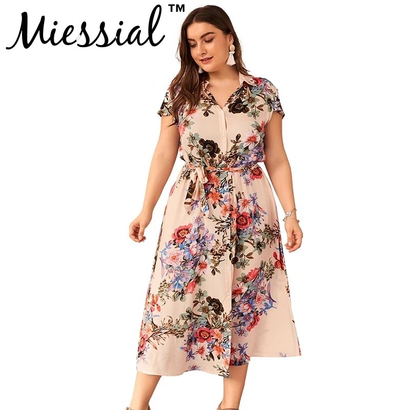 apricot Miessial Elegant floral short ruffle sleeve dresses Women green PLUS SIZE party dress for Female winter club beach midi dress XL - Цвет: apricot