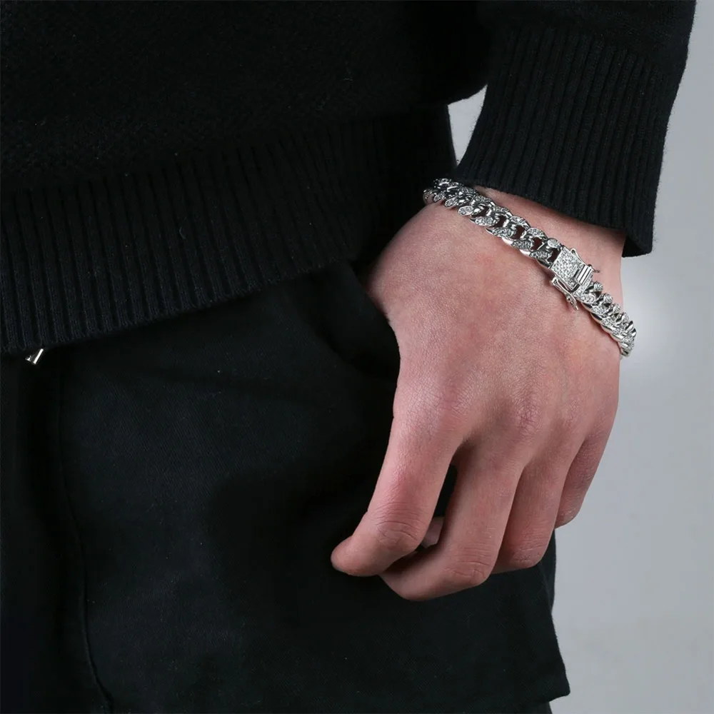 Хип-хоп отделка цирконами aaa Bling Iced Out CZ браслеты золотого, серебряного цвета кубинские ювелирные украшения с цепочкой Прямая