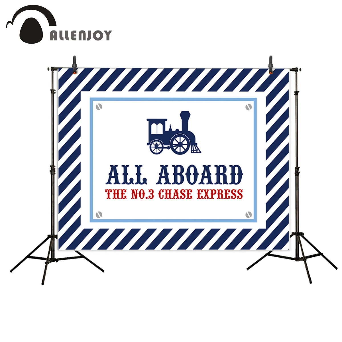 

Allenjoy vinyl photographic background Blue stripes white LOGO train children fantasy backdrop photography photocall props