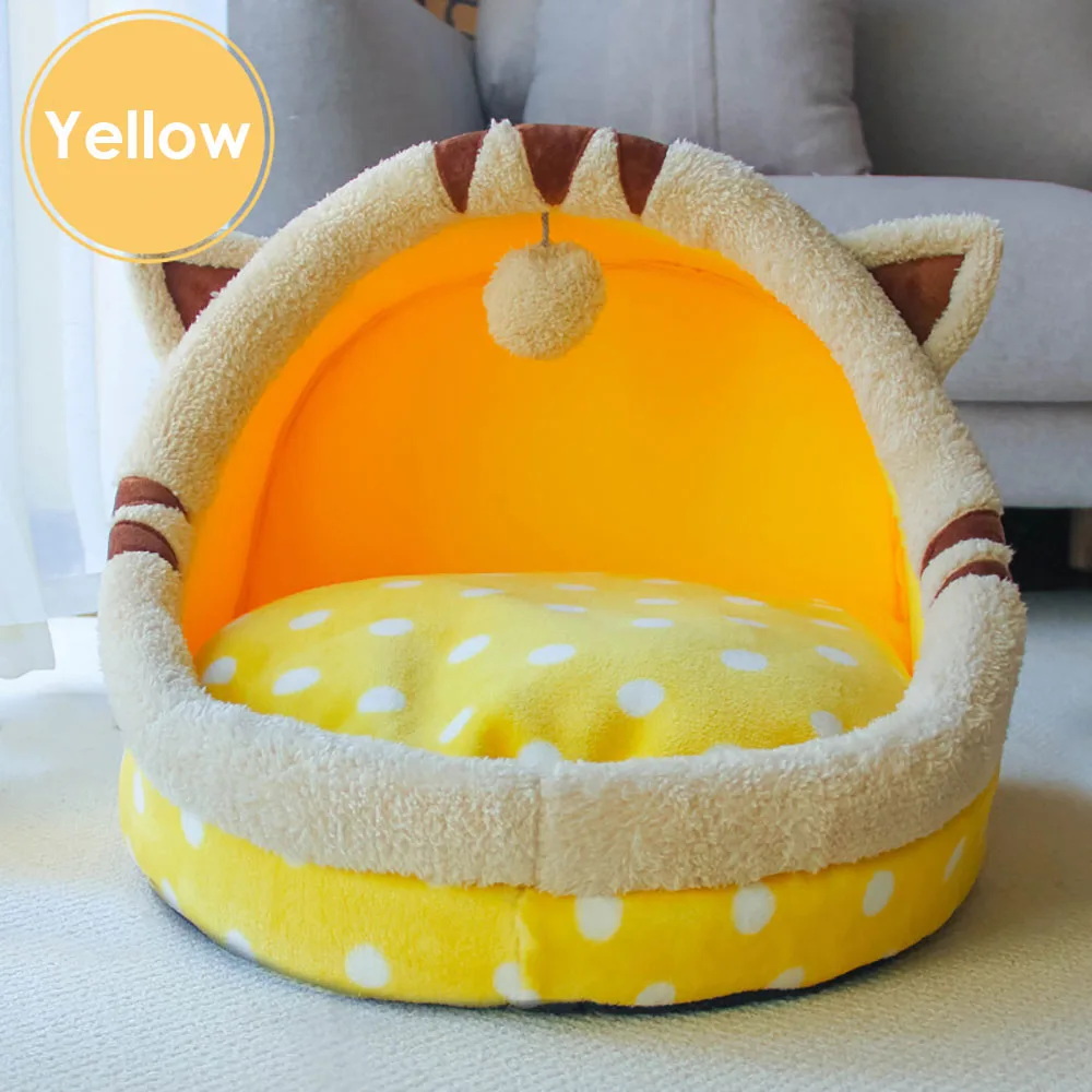 Yellow Милый Кот Мягкий домик для домашних животных кошки кровать теплое гнездо для маленьких собак спальный моющийся коврик Домашние животные складные домики щенок котенок кровать продукт - Цвет: Yellow