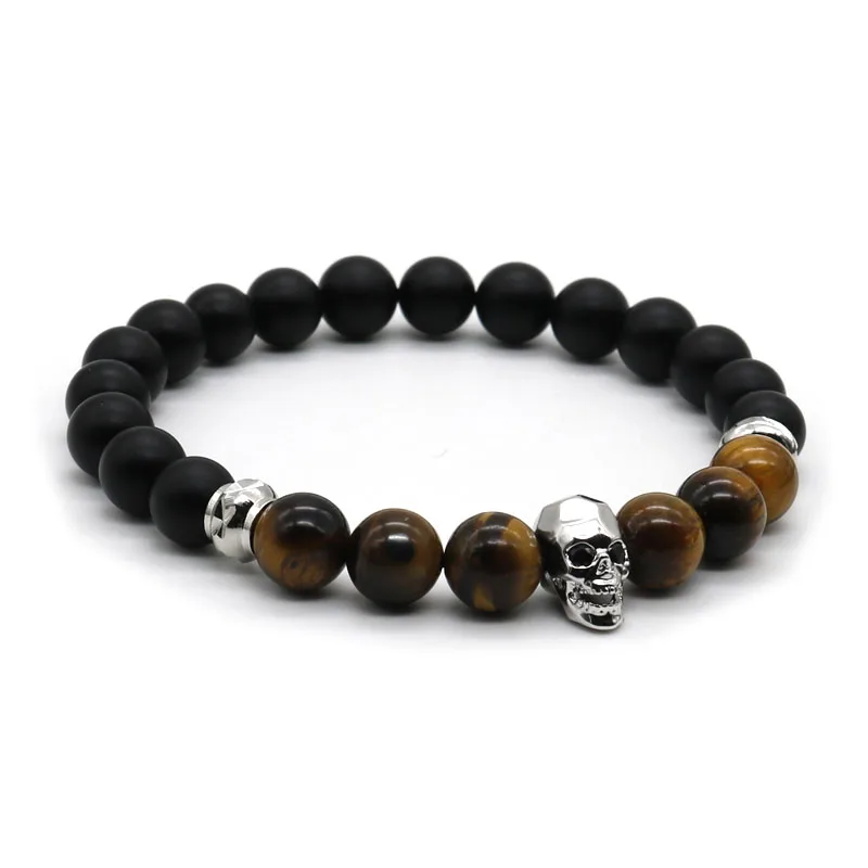 Fashion Jewelry Quality Silver Plated Men Bracelet Skull Natural Tiger Eye Stone Bracelets Pulseiras SK-1 | Украшения и