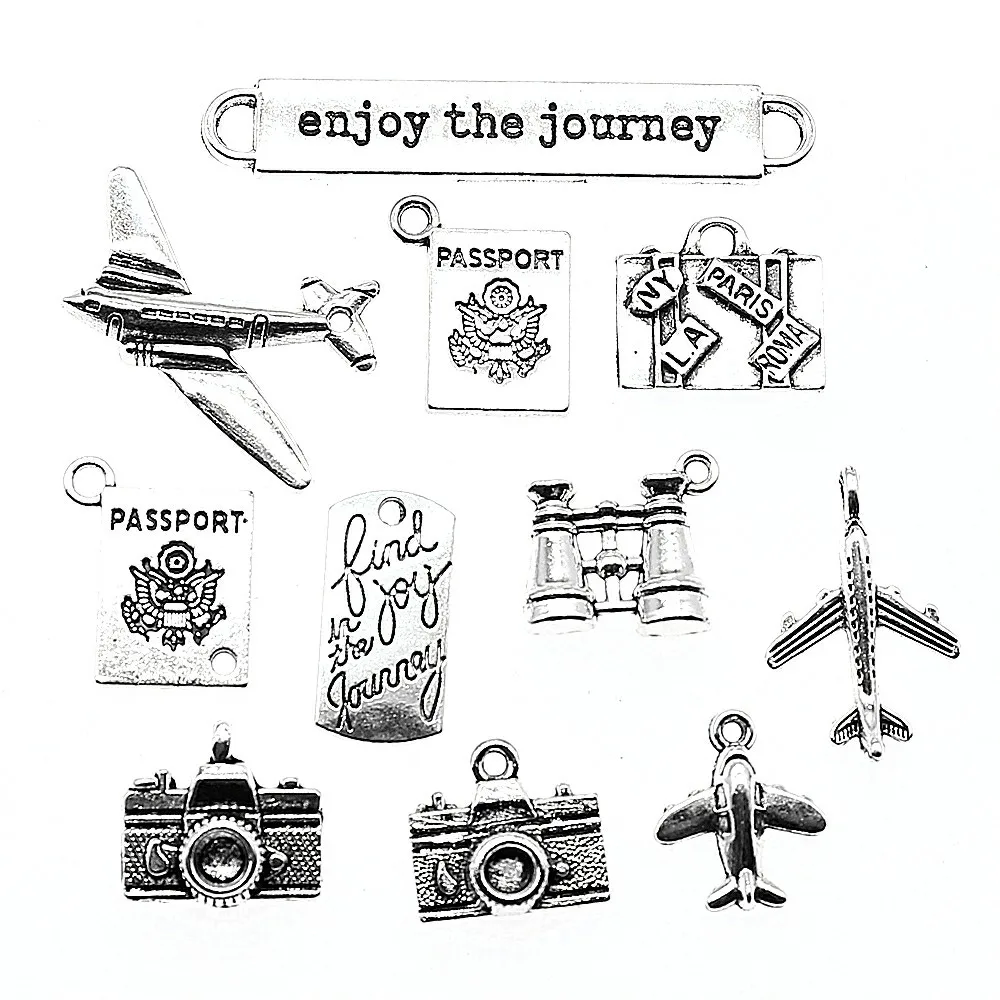 

Travel Charms Journey Charms Jewelry Making Aircraft Camera Passport Trunk Charms For Bracelet Making Antique Silver Color