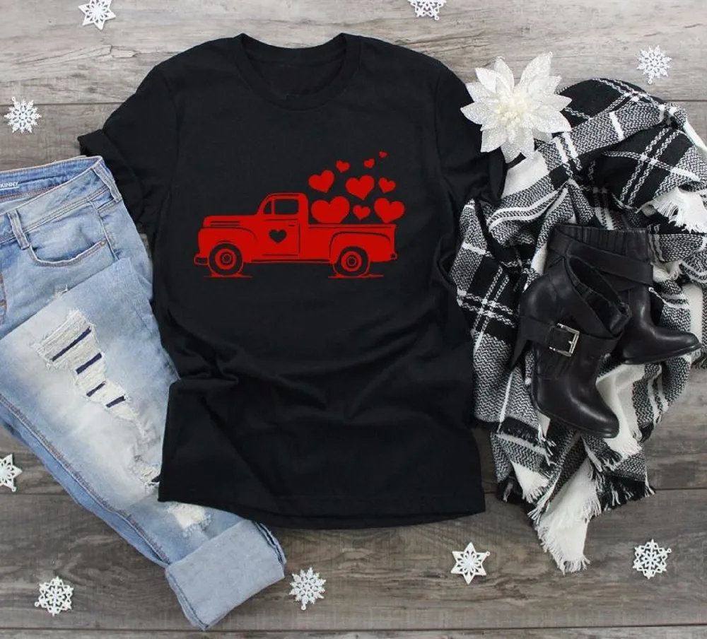 

Women's valentines day Cute Valentines day shirt graphic truck and heart kawaii lovely cotton lover tee tumblr quote art tops