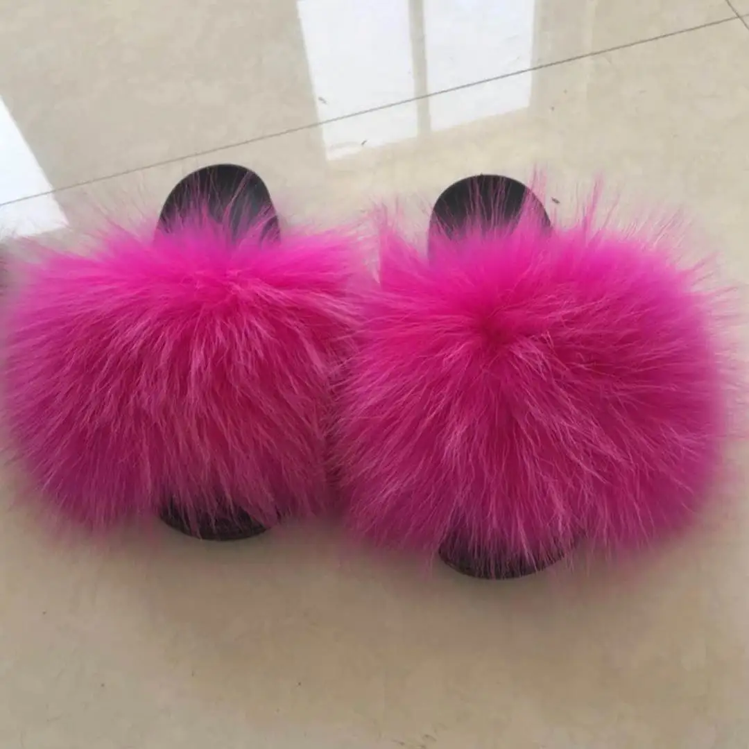 

2019 real raccoon fur slippers women Full Fox Fur Slipper Flat Beach Slides Hot Sizes45 available real fur slippers