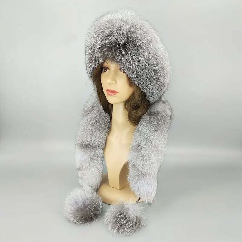 06 Silver and blue Шапка из натурального Лисьего меха, женская вязаная шапка с помпоном, вязаная шапка из натурального меха кролика Рекс, верхняя шапка бини для женщин, зимняя женская шапка - Цвет: 06 Silver and blue
