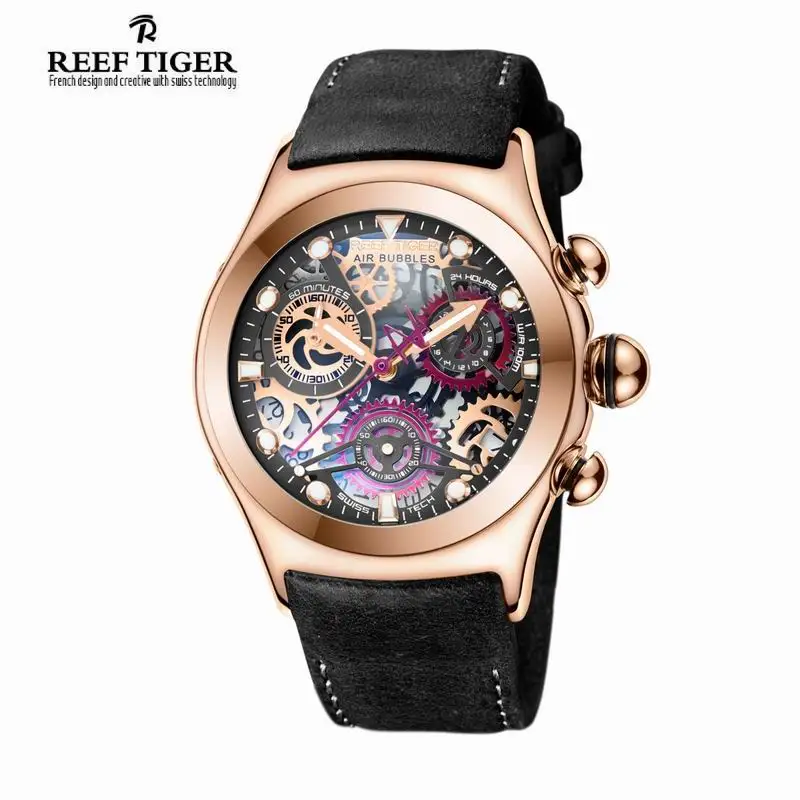 Мужские спортивные часы Reef Tiger кварцевые наручные с хронографом со скелетом