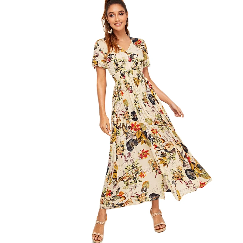 Sheinside Boho тропический принт рубашка платье для женщин Лето короткий рукав эластичный шнурок на талии платья женское плиссированное платье