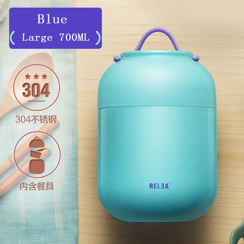 blue 700ml Милый портативный мини-термос для еды 500 мл 700 мл из нержавеющей стали, кастрюля для супа, чайник для тушения, контейнер для еды, Ланч-бокс для детей - Цвет: blue 700ml
